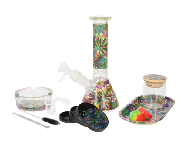 Bong-Set "Super Heroes" mit Bong, Grinder, Storage, Tray, Glaspfeife, Ascher inkl. Bürste + Schaber
