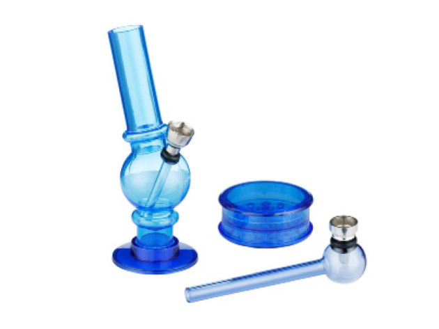 Acrylbong-Set "Super Heroes" blau (Grinder, Pfeife, Bong), Bong-Höhe 15cm