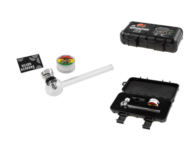 Raucher-Set/Travelbox "Jamaika" (Grinder+Glaspfeife+Siebe)