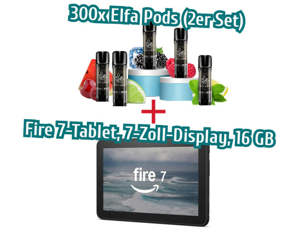 Aktion 300 x ELFBAR ELFA Pods (2er Set) mit Nikotin + Fire 7-Tablet, 7-Zoll-Display, 16 GB