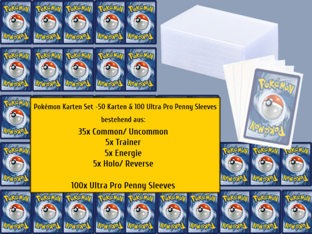 Pokémon Karten Set - 50 Karten & 100 Ultra Pro Hüllen