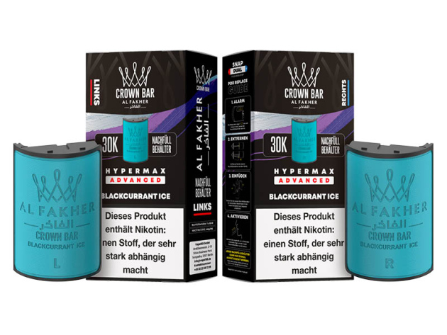 Pods (1x links & 1x rechts) - Al Fakher 30K Hyper Max - Advanced - Big Puffs - Blackcurrant Ice (Johannisbeere, Eis)