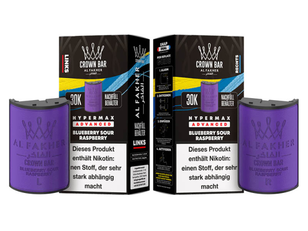 Pods (1x links & 1x rechts) - Al Fakher 30K Hyper Max - Advanced - Big Puffs - Blueberry Sour Raspberry (Blau- u. saure Himbeere)
