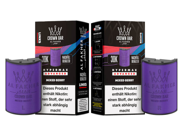 Pods (1x links & 1x rechts) - Al Fakher 30K Hyper Max - Advanced - Big Puffs - Mixed Berry (gemischte Beeren)