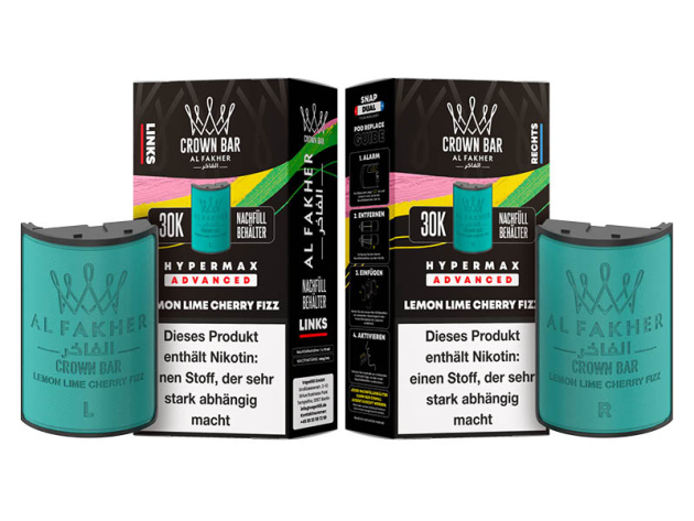 Pods (1x links & 1x rechts) - Al Fakher 30K Hyper Max - Advanced - Big Puffs - Lemon Lime Cherry Fizz (Zitrone, Limette, Kirsche)