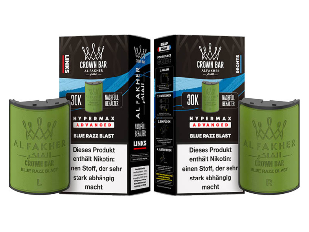 Pods (1x links & 1x rechts) - Al Fakher 30K Hyper Max - Advanced - Big Puffs - Blue Razz Blast (Beerenmix, Minze)