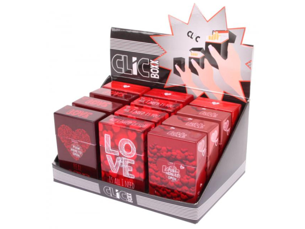 Cigarette Boxes "Love", capacity: 20 cigs., 12p display, Clic Boxen with pressable button